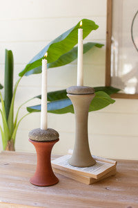 set of 2 clay and river rock taper candle holders